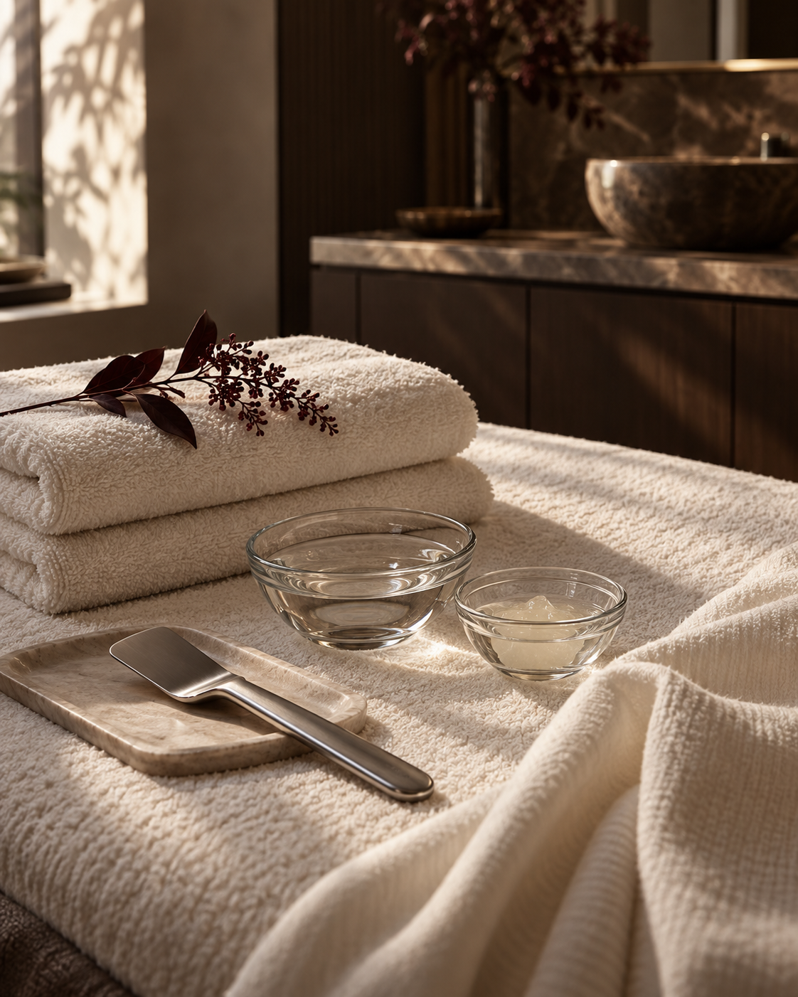Professional facial treatment setup with ivory linens and skincare tools